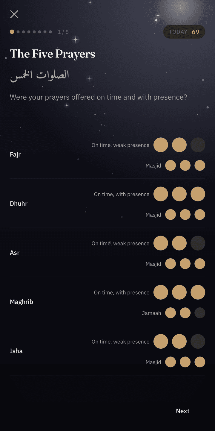 A check-in step scoring the five prayers