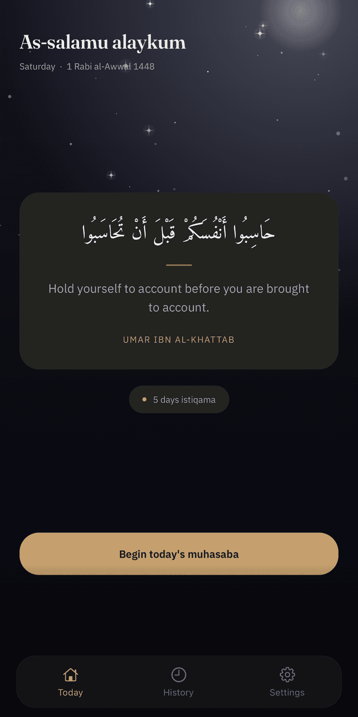 The Hisab home screen with the muhasaba quote and a Begin button