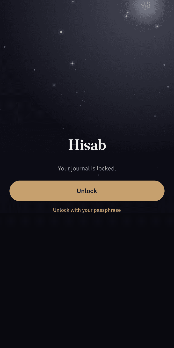 The Hisab lock screen: Your journal is locked, with an Unlock button