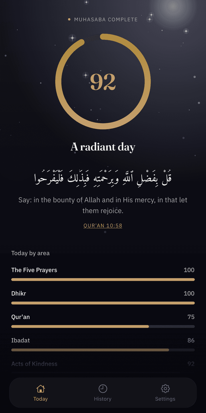 Today's result in Hisab: a brass ring showing a score of 92 and the words A radiant day
